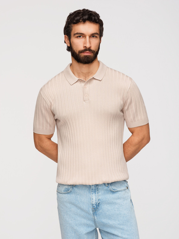 Ombre Clothing Pánska polokošeľa SLIM FIT z viskózy so zvislými prúžkami - béžová V2 OM-POSS-0169 Ombre Clothing