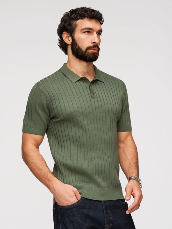 Ombre Clothing Pánska polokošeľa SLIM FIT z viskózy so zvislým rebrovým vzorom - olivovo zelená V4 OM-POSS-0169 Ombre Clothing