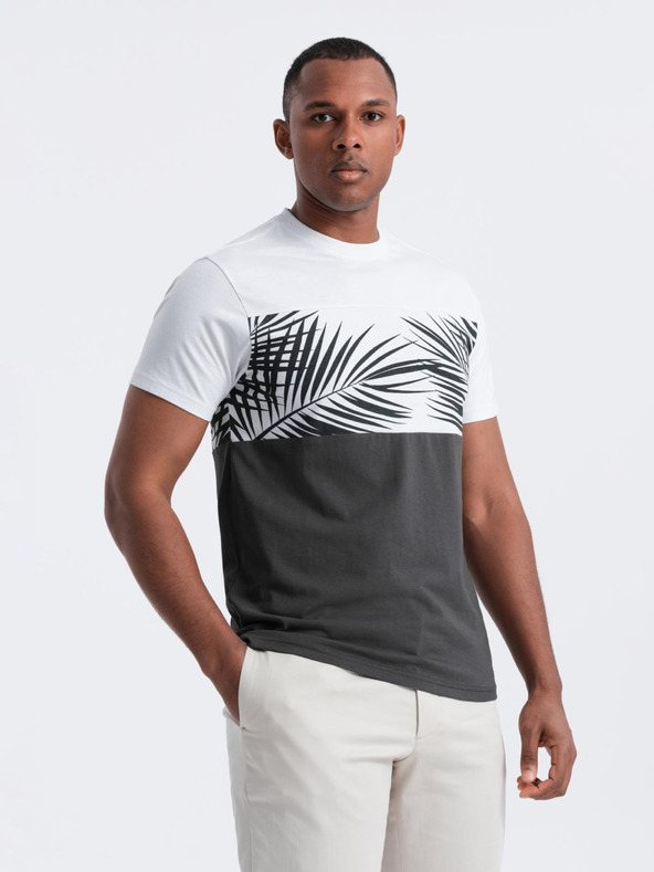 Ombre Clothing Pánske dvojfarebné tričko s potlačom palmových listov - grafitová V2 OM-TSPT-0177 Ombre Clothing