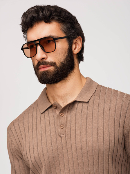 Ombre Clothing Pánska polokošeľa SLIM FIT z viskózy so zvislými prúžkami - svetlohnedá V5 OM-POSS-0169 Ombre Clothing