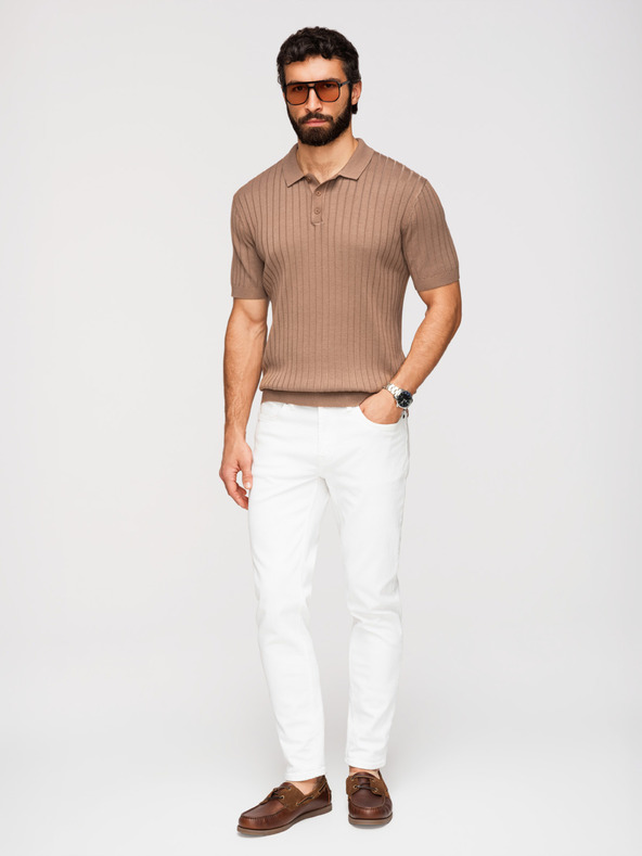 Ombre Clothing Pánska polokošeľa SLIM FIT z viskózy so zvislými prúžkami - svetlohnedá V5 OM-POSS-0169 Ombre Clothing