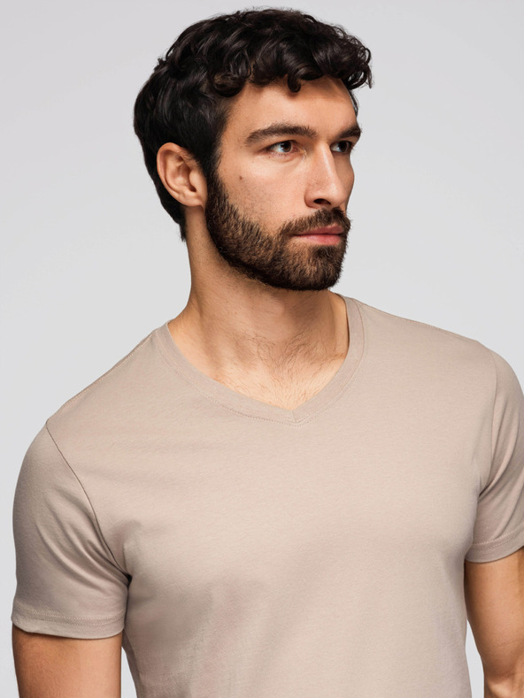 Ombre Clothing Pánske bavlnené tričko BASIC s V výstrihom - šedozelené/biele/béžové V14 OM-TSBS-0281 Ombre Clothing