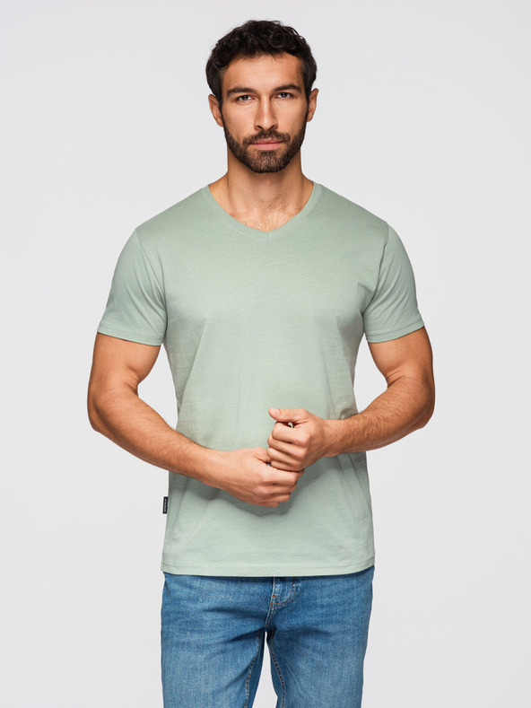 Ombre Clothing Pánske bavlnené tričko BASIC s V výstrihom - šedozelené/biele/béžové V14 OM-TSBS-0281 Ombre Clothing