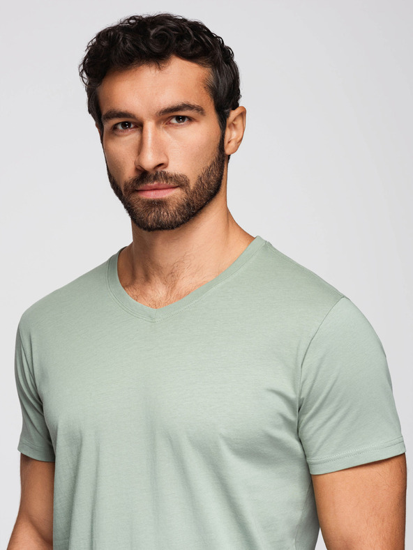 Ombre Clothing Pánske bavlnené tričko BASIC s V výstrihom - šedozelené/biele/béžové V14 OM-TSBS-0281 Ombre Clothing