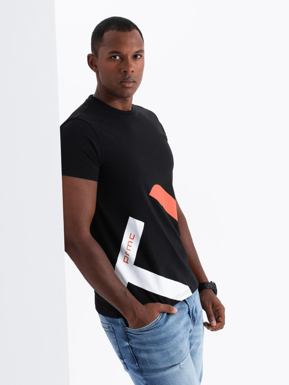 Ombre Clothing Pánske bavlnené tričko s kontrastným dvojfarebným potlačom - čierne V1 OM-TSPT-0219 Ombre Clothing