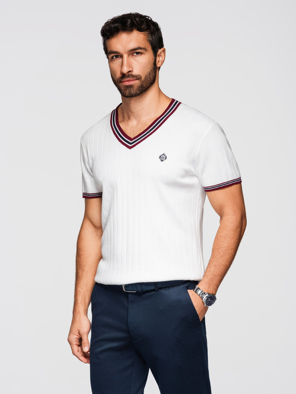 Ombre Clothing Pánske viskózové tričko s V výstrihom - biele V1 OM-TSCT-0266 Ombre Clothing