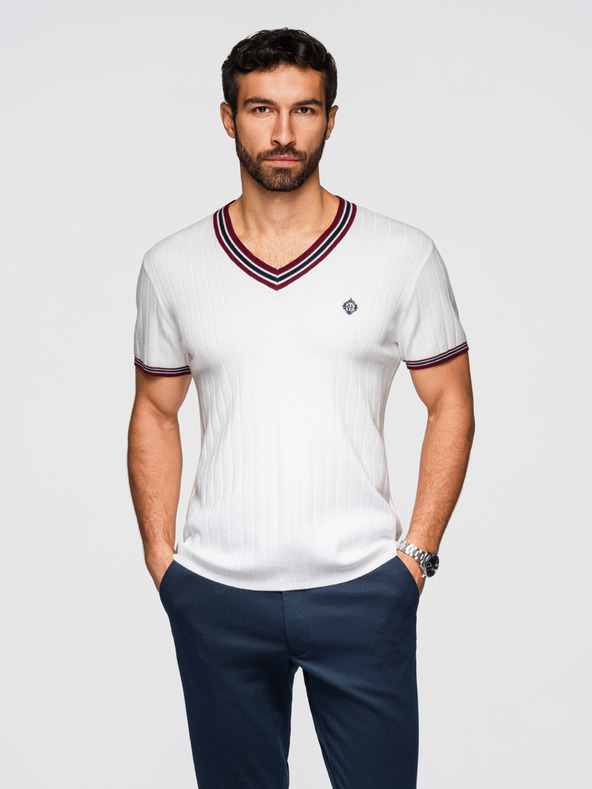 Ombre Clothing Pánske viskózové tričko s V výstrihom - biele V1 OM-TSCT-0266 Ombre Clothing