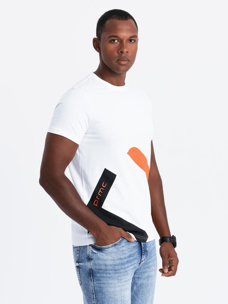 Ombre Clothing Pánske bavlnené tričko s kontrastným dvojfarebným potlačom - biele V2 OM-TSPT-0219 Ombre Clothing