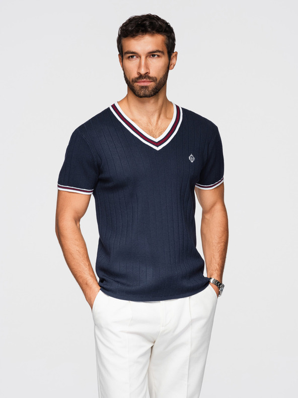 Ombre Clothing Pánske viskózové tričko so zmäkčovacím výstrihom - tmavo modré V2 OM-TSCT-0266 Ombre Clothing