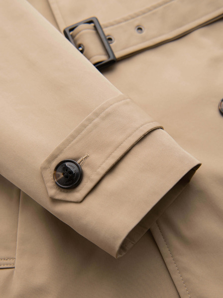 Ombre Clothing Elegantný pánsky dvojradový kabát SLIM FIT s páskom - béžový V1 OM-COLC-0146 Ombre Clothing