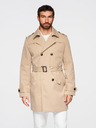 Ombre Clothing Elegantný pánsky dvojradový kabát SLIM FIT s páskom - béžový V1 OM-COLC-0146 Ombre Clothing
