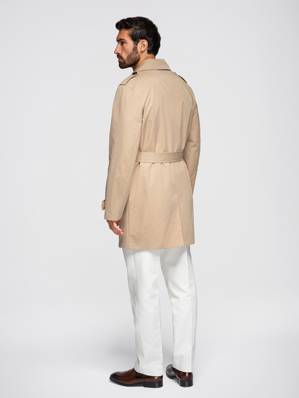 Ombre Clothing Elegantný pánsky dvojradový kabát SLIM FIT s páskom - béžový V1 OM-COLC-0146 Ombre Clothing