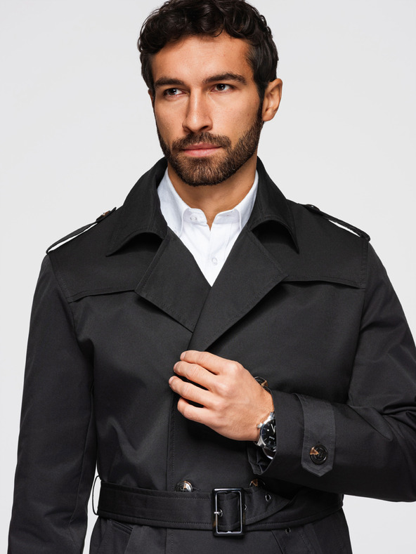 Ombre Clothing Pánsky dvojradový elegantný kabát SLIM FIT s páskom - čierny V2 OM-COLC-0146 Ombre Clothing