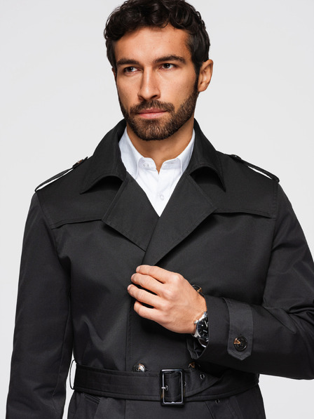 Ombre Clothing Pánsky dvojradový elegantný kabát SLIM FIT s páskom - čierny V2 OM-COLC-0146 Ombre Clothing