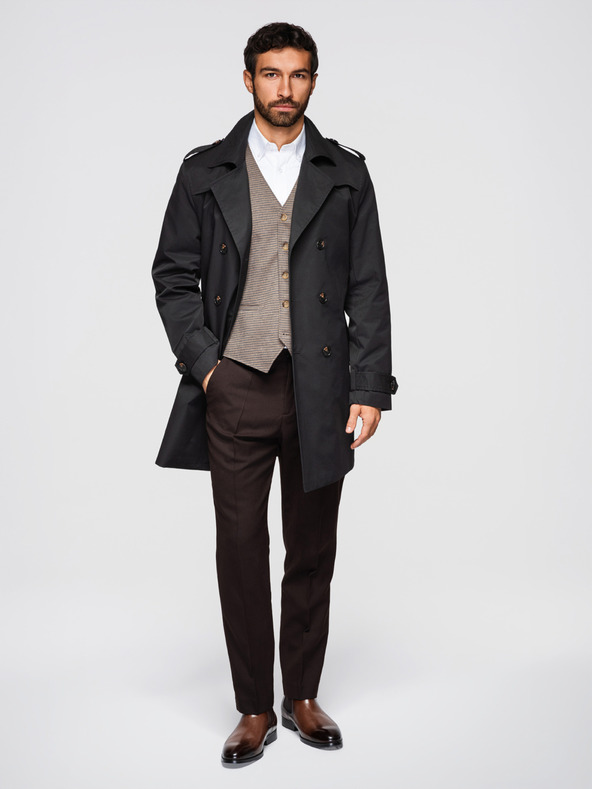 Ombre Clothing Pánsky dvojradový elegantný kabát SLIM FIT s páskom - čierny V2 OM-COLC-0146 Ombre Clothing