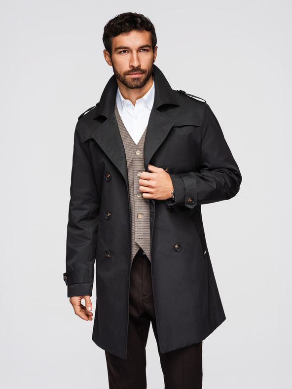 Ombre Clothing Pánsky dvojradový elegantný kabát SLIM FIT s páskom - čierny V2 OM-COLC-0146 Ombre Clothing