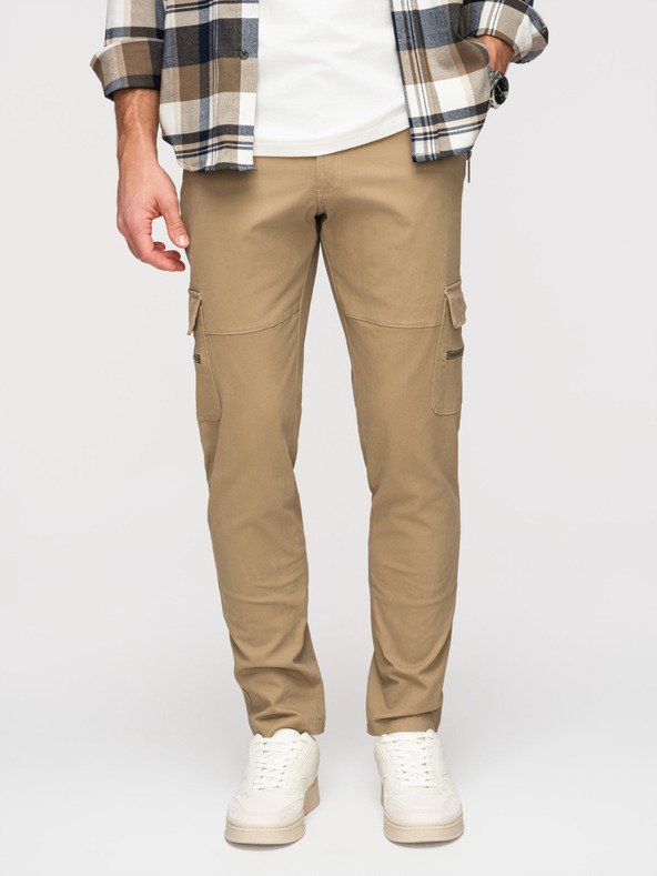 Ombre Clothing Pánske nohavice s rovnými nohavicami a vreckami na zips - khaki V3 P1517 Ombre Clothing