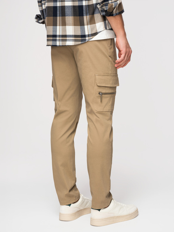 Ombre Clothing Pánske nohavice s rovnými nohavicami a vreckami na zips - khaki V3 P1517 Ombre Clothing