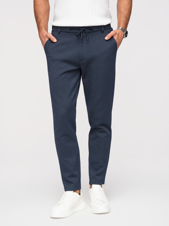 Ombre Clothing Pánske voľnočasové nohavice CARROT FIT zo žakárdového úpletu - tmavomodré V1 OM-PACP-0292 Ombre Clothing