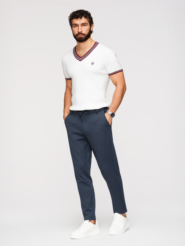 Ombre Clothing Pánske voľnočasové nohavice CARROT FIT zo žakárdového úpletu - tmavomodré V1 OM-PACP-0292 Ombre Clothing