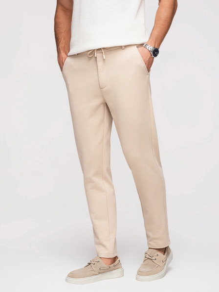 Ombre Clothing Pánske voľnočasové nohavice CARROT FIT zo žakárdového úpletu - béžové V2 OM-PACP-0292 Ombre Clothing