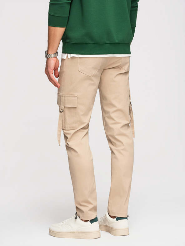 Ombre Clothing Pánske cargo nohavice s rovnými nohavicami a žebrovaným lemom - piesočné V2 P1516 Ombre Clothing