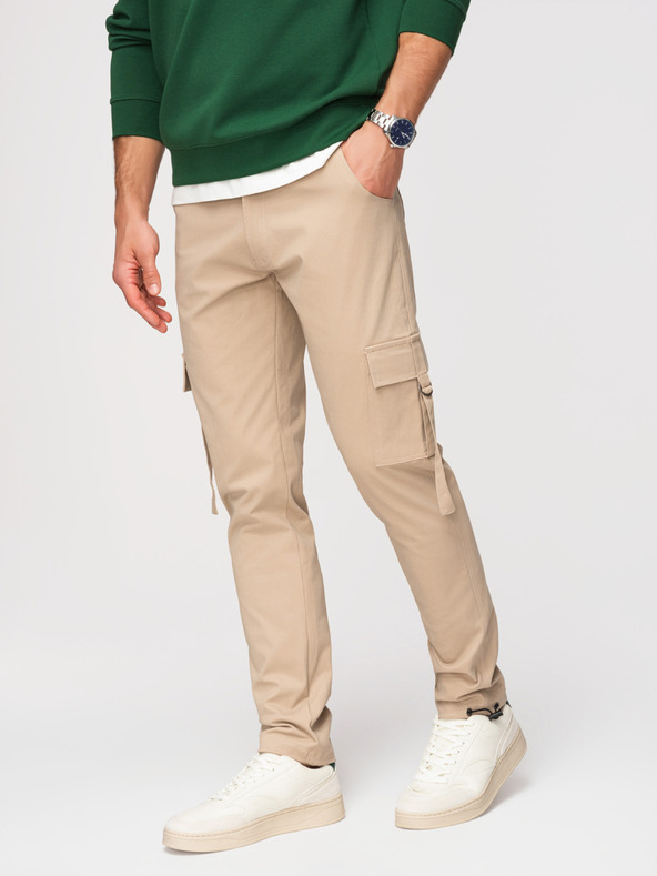 Ombre Clothing Pánske cargo nohavice s rovnými nohavicami a žebrovaným lemom - piesočné V2 P1516 Ombre Clothing