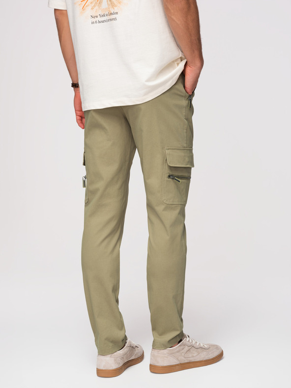 Ombre Clothing Pánske nohavice cargo s rovnými nohavicami a vreckami na zips - olivová farba V2 P1517 Ombre Clothing