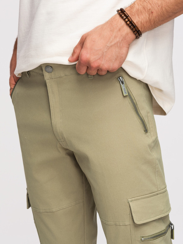 Ombre Clothing Pánske nohavice cargo s rovnými nohavicami a vreckami na zips - olivová farba V2 P1517 Ombre Clothing