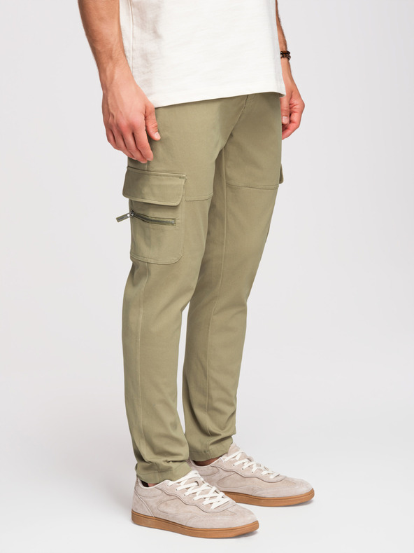 Ombre Clothing Pánske nohavice cargo s rovnými nohavicami a vreckami na zips - olivová farba V2 P1517 Ombre Clothing