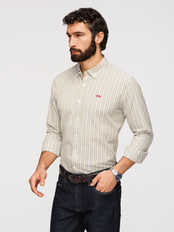 Ombre Clothing Pánska bavlnená košeľa REGULAR FIT s jemnými prúžkami - béžová V1 K703 Ombre Clothing