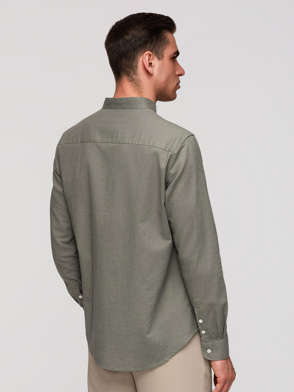 Ombre Clothing Pánska plátená košeľa so stojačekom a vreckom REGULAR FIT - khaki V6 K704 Ombre Clothing