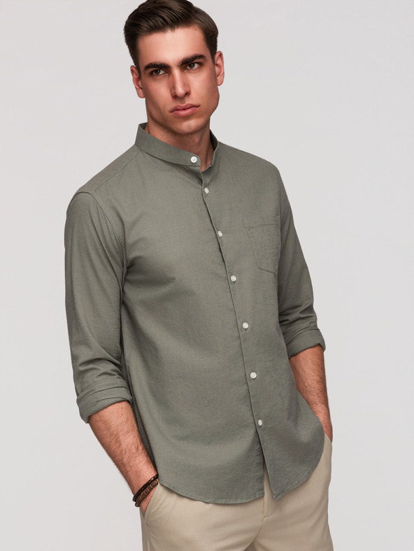 Ombre Clothing Pánska plátená košeľa so stojačekom a vreckom REGULAR FIT - khaki V6 K704 Ombre Clothing