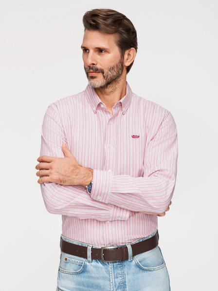 Ombre Clothing Pánska bavlnená košeľa REGULAR FIT s jemnými prúžkami - ružová V2 K703 Ombre Clothing