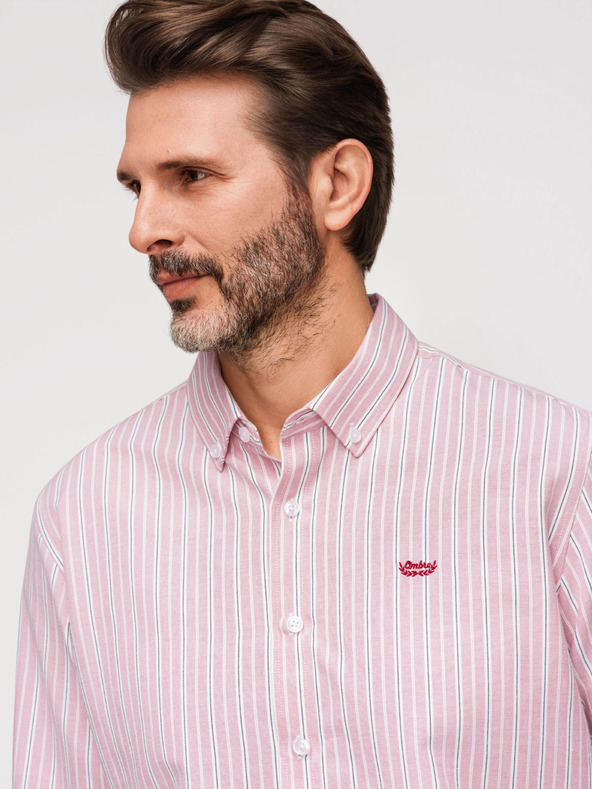 Ombre Clothing Pánska bavlnená košeľa REGULAR FIT s jemnými prúžkami - ružová V2 K703 Ombre Clothing