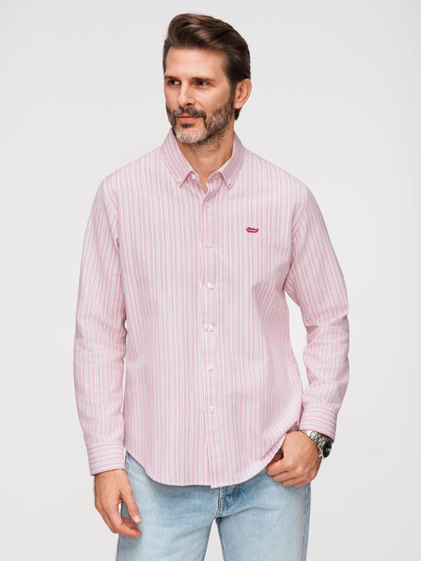 Ombre Clothing Pánska bavlnená košeľa REGULAR FIT s jemnými prúžkami - ružová V2 K703 Ombre Clothing