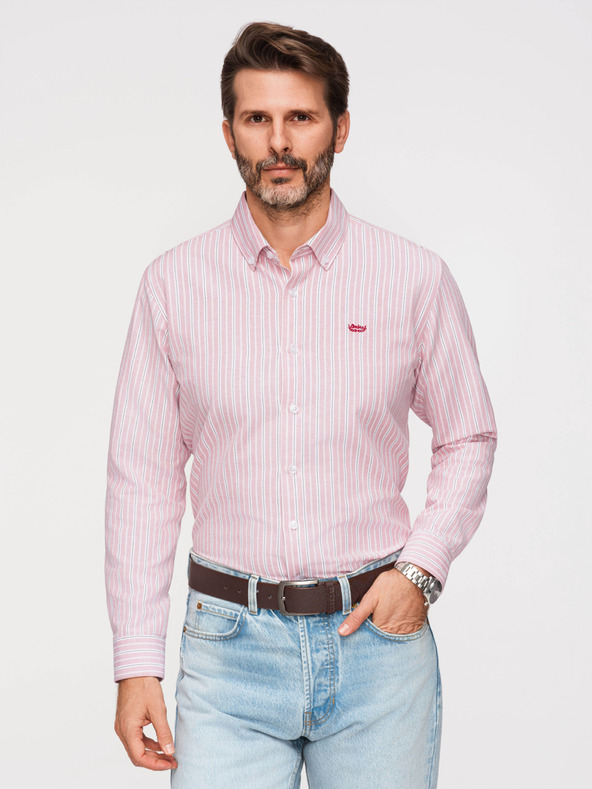 Ombre Clothing Pánska bavlnená košeľa REGULAR FIT s jemnými prúžkami - ružová V2 K703 Ombre Clothing