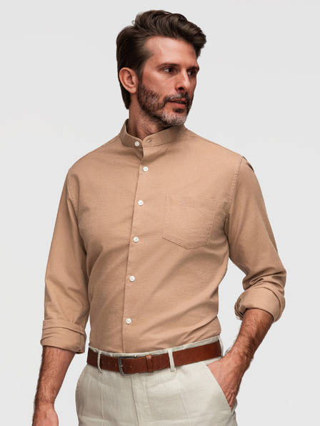 Ombre Clothing Pánska plátená košeľa so stojačekom a vreckom REGULAR FIT - svetlo hnedá V7 K704 Ombre Clothing