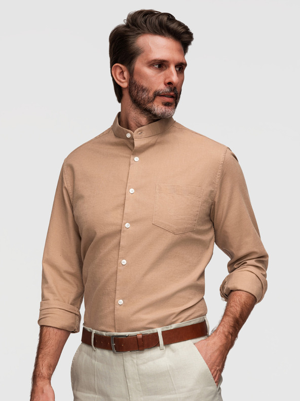 Ombre Clothing Pánska plátená košeľa so stojačekom a vreckom REGULAR FIT - svetlo hnedá V7 K704 Ombre Clothing