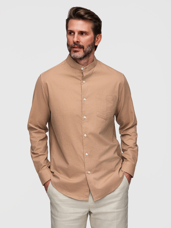 Ombre Clothing Pánska plátená košeľa so stojačekom a vreckom REGULAR FIT - svetlo hnedá V7 K704 Ombre Clothing