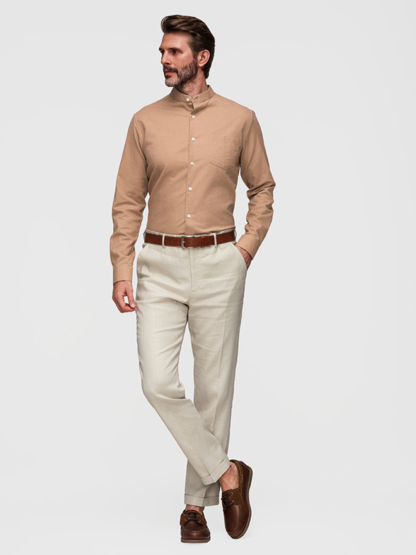 Ombre Clothing Pánska plátená košeľa so stojačekom a vreckom REGULAR FIT - svetlo hnedá V7 K704 Ombre Clothing