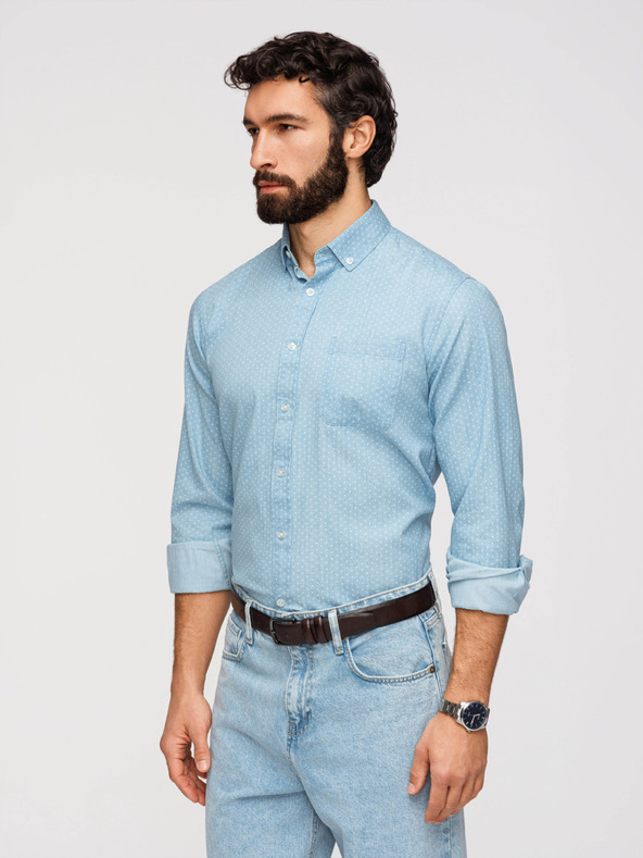 Ombre Clothing Pánska bavlnená košeľa z jemného denima so vzorom - svetlo modrá V1 K702 Ombre Clothing