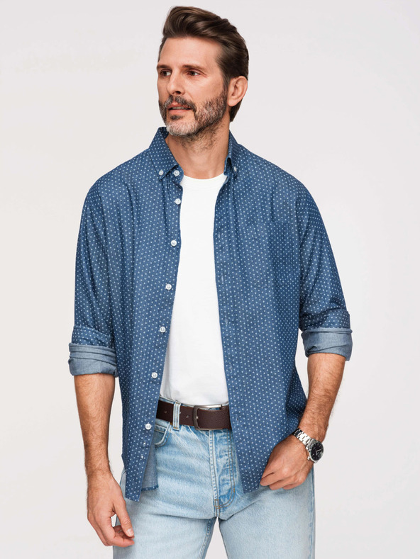 Ombre Clothing Pánska bavlnená košeľa so vzorom z tenkej džínoviny - modrá V2 K702 Ombre Clothing