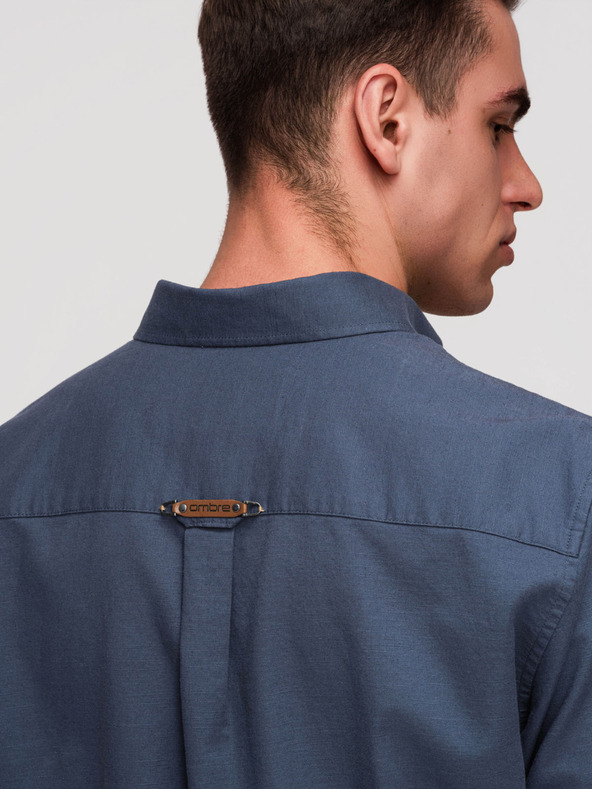 Ombre Clothing Pánska ľanová košeľa s klasickým golierom a vreckami REGULAR FIT - modrá V4 OM-SHCS-0134 Ombre Clothing