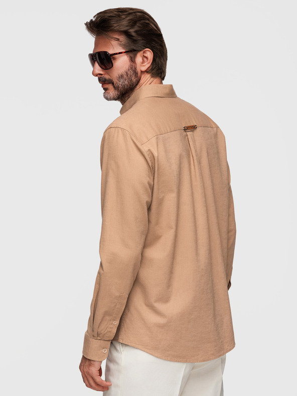 Ombre Clothing Pánska ľanová košeľa s klasickým golierom a vreckami REGULAR FIT - svetlo hnedá V7 OM-SHCS-0134 Ombre Clothing