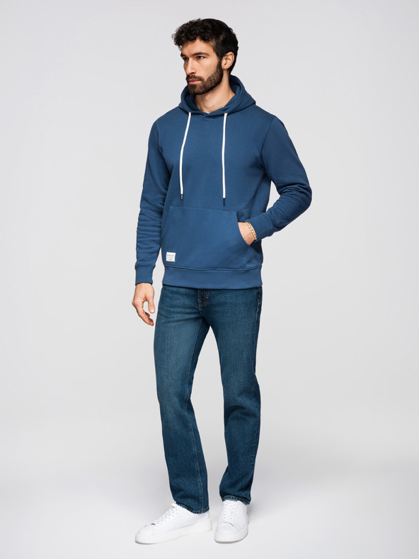 Ombre Clothing Pánska bavlnená mikina BASIC s klokankou a kapucňou - tmavo modrá Ombre Clothing