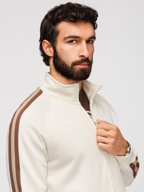 Ombre Clothing Pánska mikina s vysokým golierom a lemovaním - kremová V3 B1718 Ombre Clothing