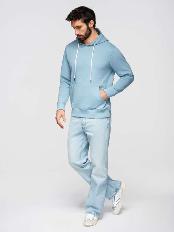 Ombre Clothing Pánska bavlnená mikina BASIC klokanová s kapucňou - modrá Ombre Clothing