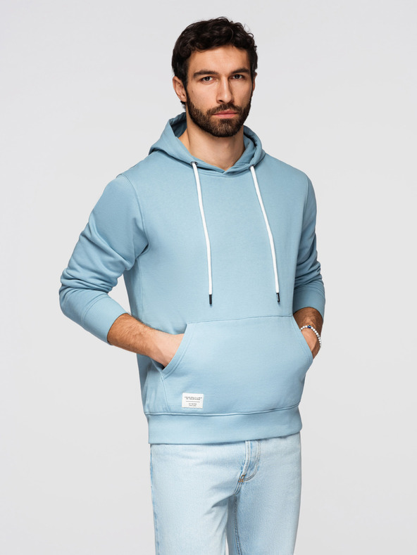 Ombre Clothing Pánska bavlnená mikina BASIC klokanová s kapucňou - modrá Ombre Clothing