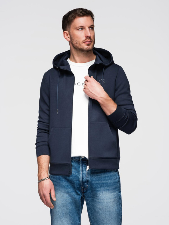 Ombre Clothing Pánska mikina s kapucňou z hladkého úpletu - tmavě modrá V4 OM-SZBC-0196 Ombre Clothing